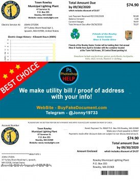 Massachusetts Town of Rowley Municipal Lighting Plant Sample Fake utility bill